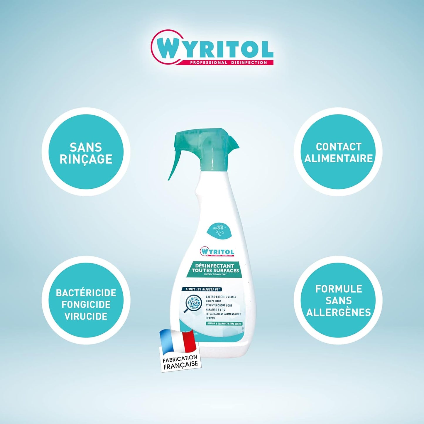 WYRITOL SPRAY DÉSINFECTANT NETTOYANT TOUTES SURFACES SANS ALLERGÈNES