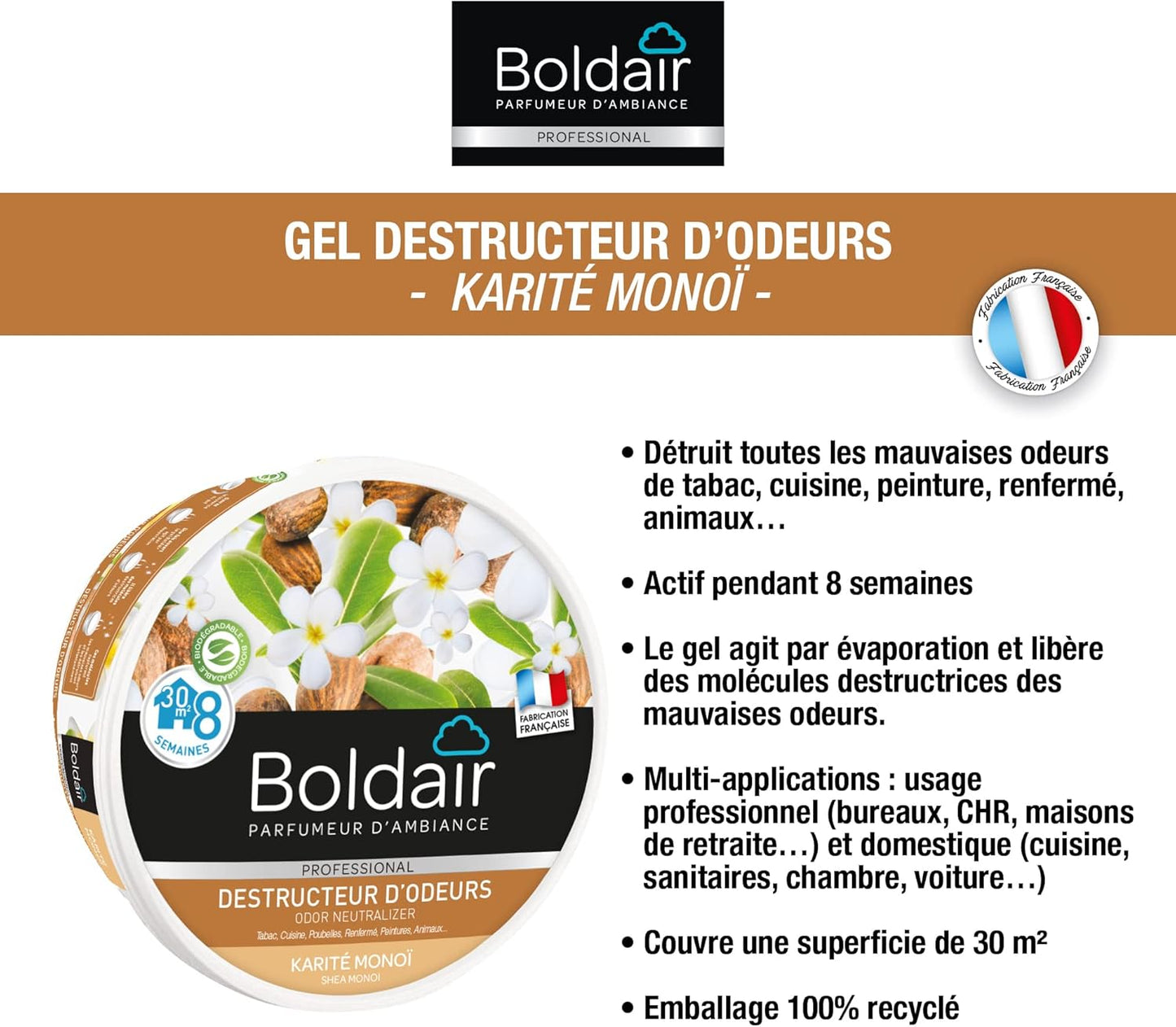 BOLDAIR Pot 300g Gel destructeur d'odeurs parfum Karité Monoï