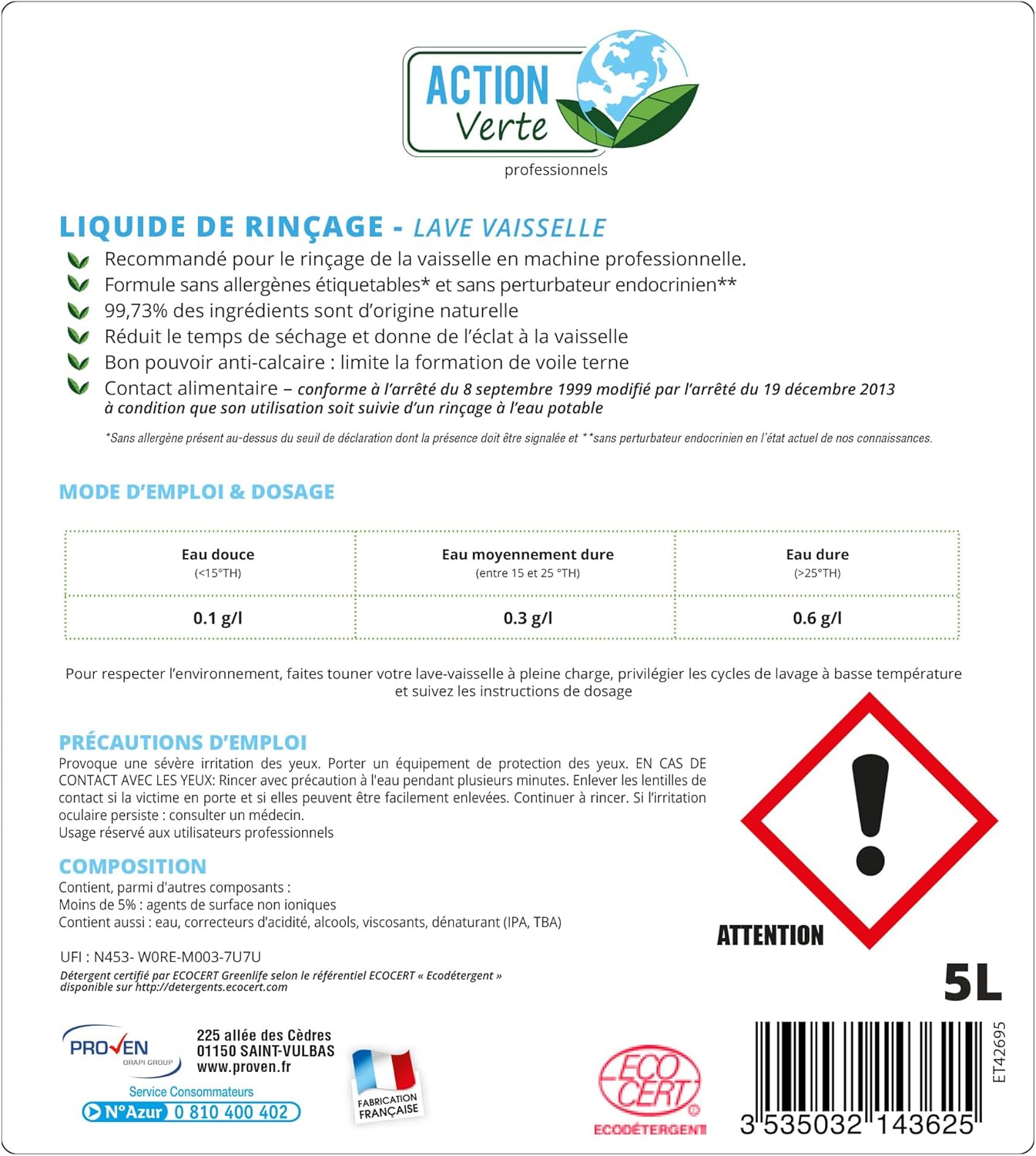 ACTION VERTE LIQUIDE VAISSELLE MAIN HYPOALLERGENIQUE 5L