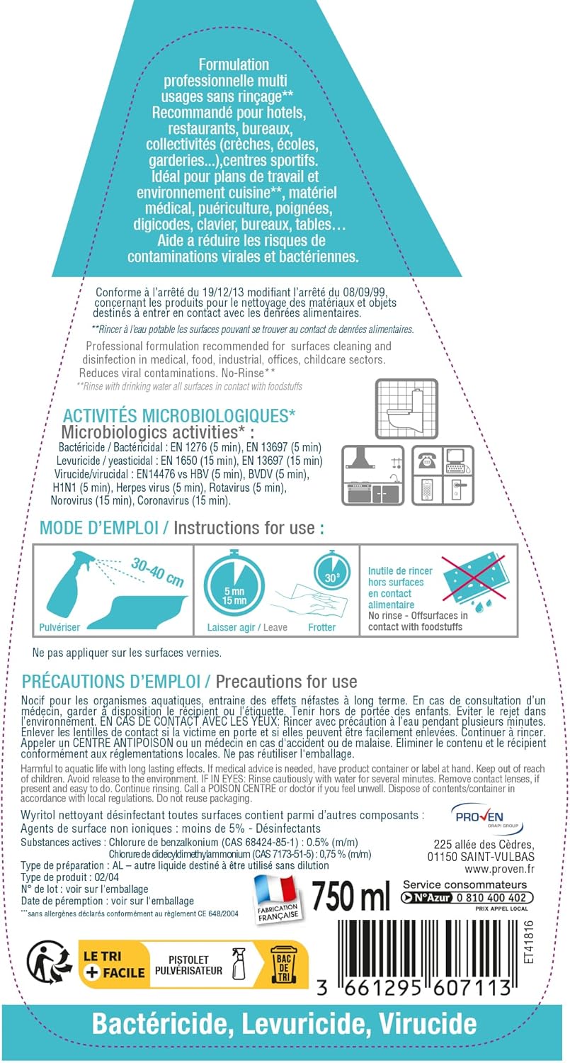 WYRITOL SPRAY DÉSINFECTANT NETTOYANT TOUTES SURFACES SANS ALLERGÈNES